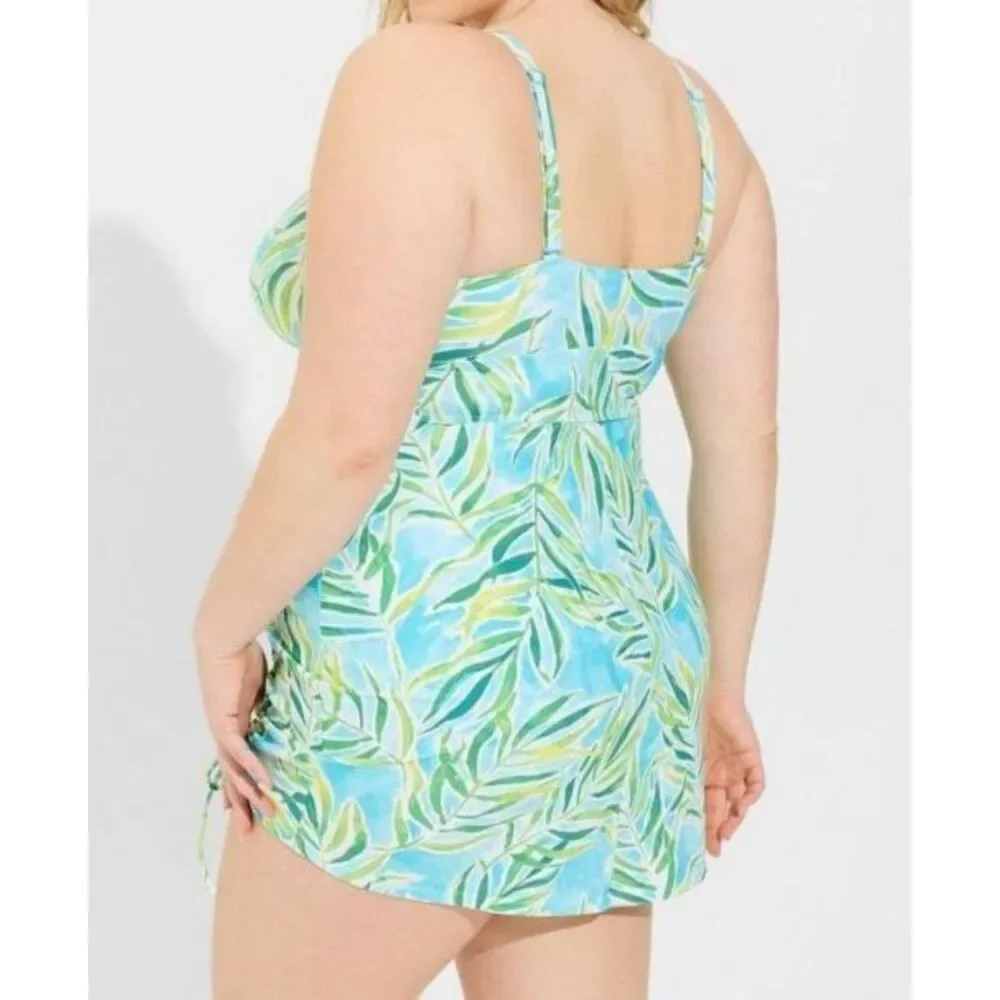 Torrid Wireless Side Cinch Fitted Swim Dress w/Brief Tropical Blue & Green Sz 10